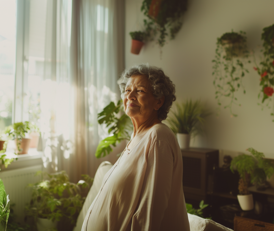 Ältere Frau guckt in die Kamera und steht in ihrem Wohnzimmer