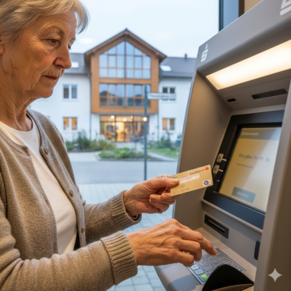 Seniorin hebt Geld mit ihrer Karte ab.