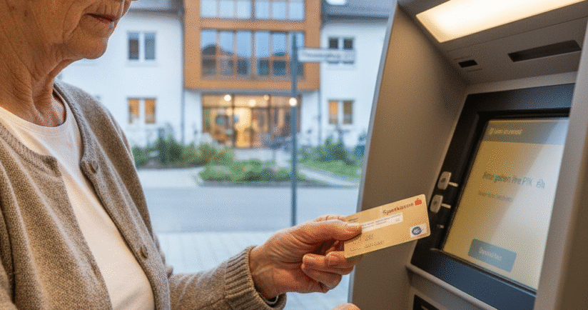 Seniorin hebt Geld mit ihrer Karte ab.