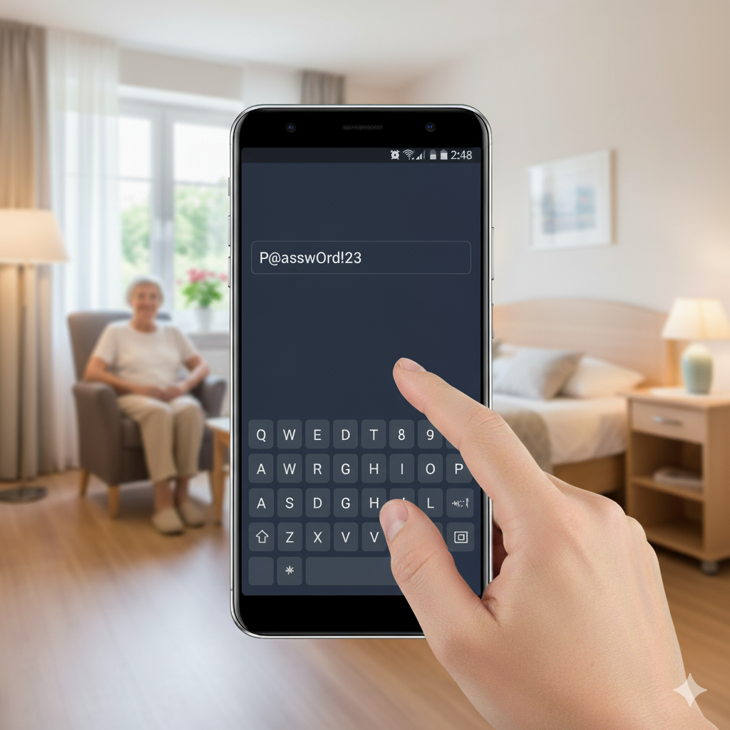 Starkes Passwort erstellen. Im Hintergrund ist eine Seniorin.