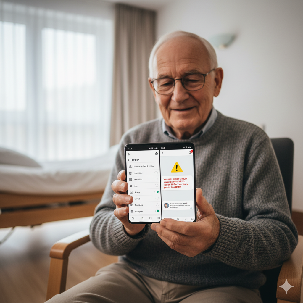 Senior mit Smartphone in seinem Zimmer.