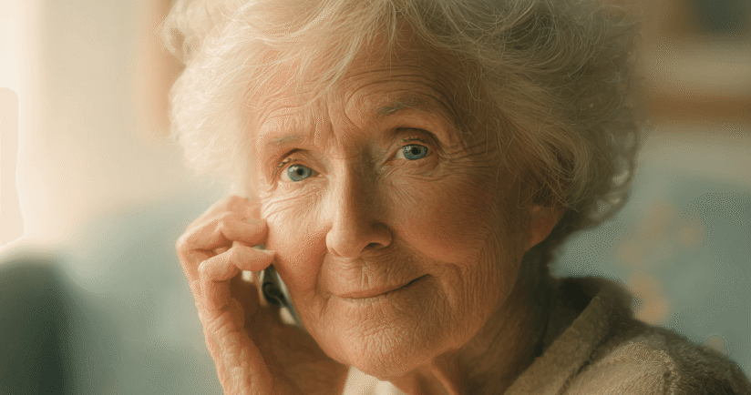 Aeletre Dame am Telefon. Sie schaut in die Kamera