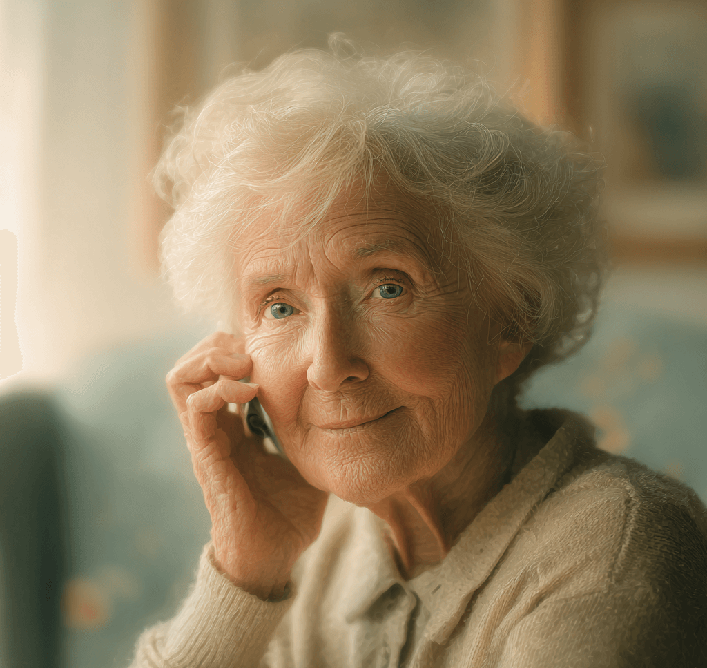 Aeletre Dame am Telefon. Sie schaut in die Kamera