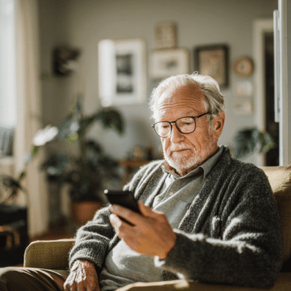 Älterer Herr sitzt in seinem Sessel und schaut auf sein Handy.