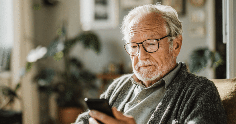 Älterer Herr sitzt in seinem Sessel und schaut auf sein Handy.