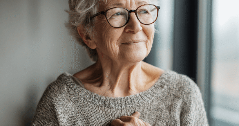 Dame, Mitte 70, mit Brille, hält beide Hände schützend vor ihren Körper und schaut nachdenklich aus dem Fenster.