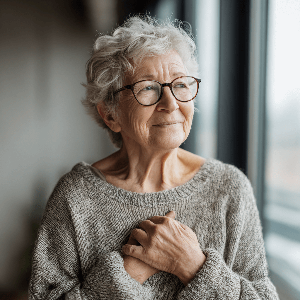 Dame, Mitte 70, mit Brille, hält beide Hände schützend vor ihren Körper und schaut nachdenklich aus dem Fenster.