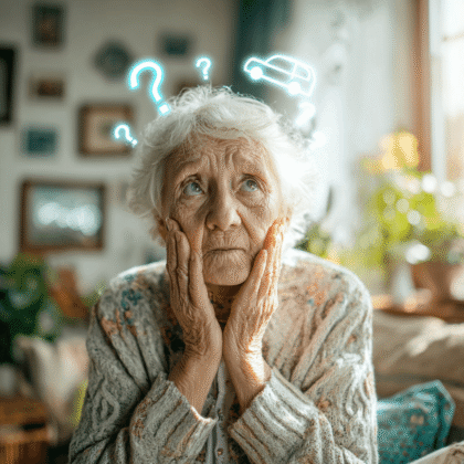 Dame sitzt zuhause. Ihre Hände im Gesicht. Sie macht sich offensichtlich Sorgen.