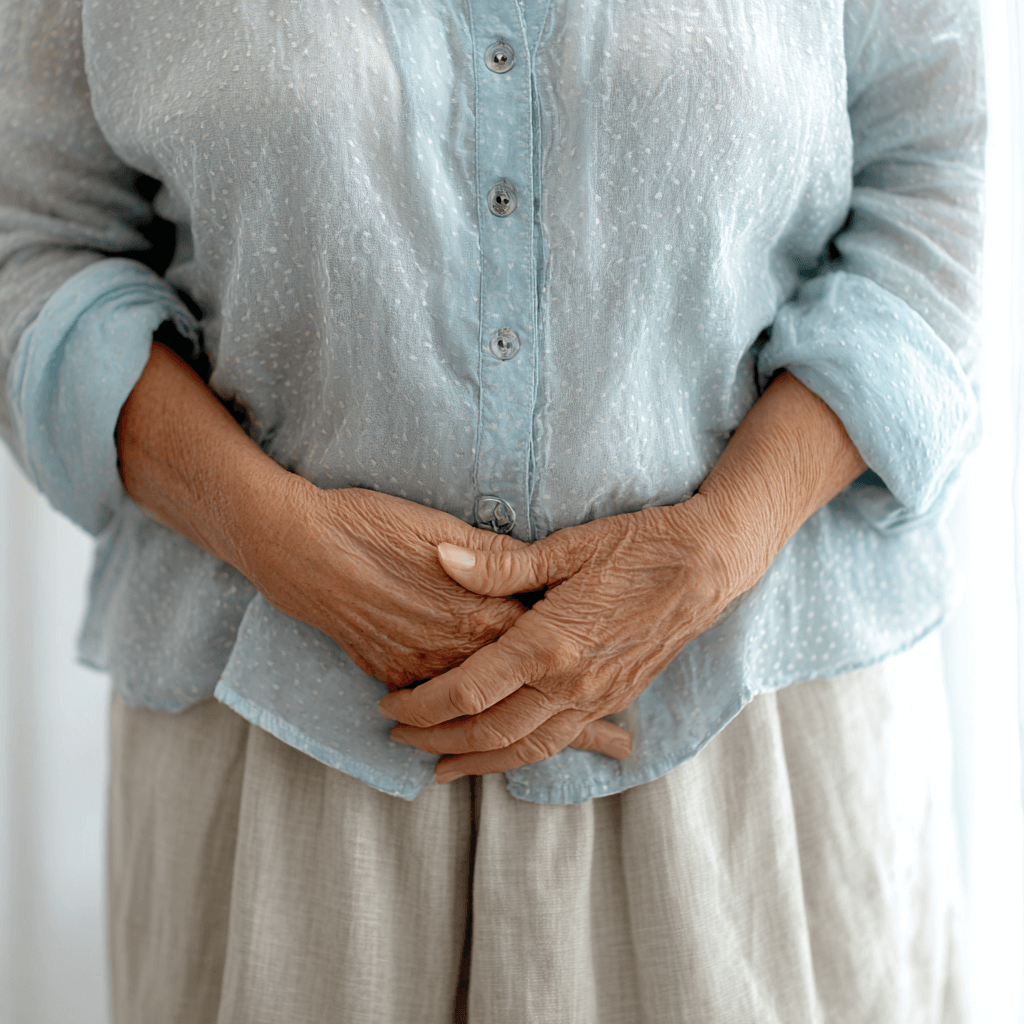 Faltige Hände vor dem Unterkörper einer älteren Dame.