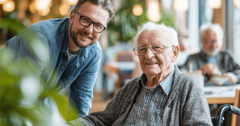 Mann im Rollstuhl mit jungem Mann. Beide schauen in die Kamera.