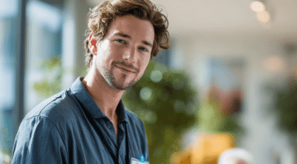 Junger Pfleger in blauem Kasack schreibt etwas auf ein Klemmbrett. Im Hintergrund ist ein alter Pflegepatient zu sehen.