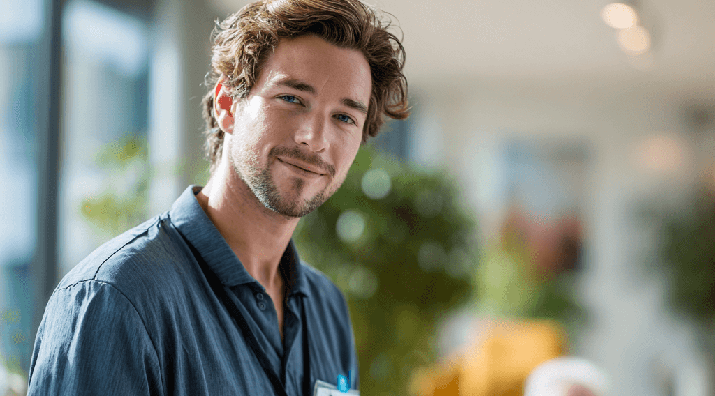 Junger Pfleger in blauem Kasack schreibt etwas auf ein Klemmbrett. Im Hintergrund ist ein alter Pflegepatient zu sehen.