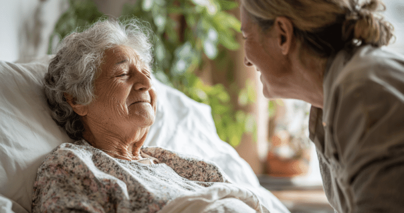 Ältere Dame im Sterbebett. Wird begleitet von Pflergerin, die ihre Hand hält.