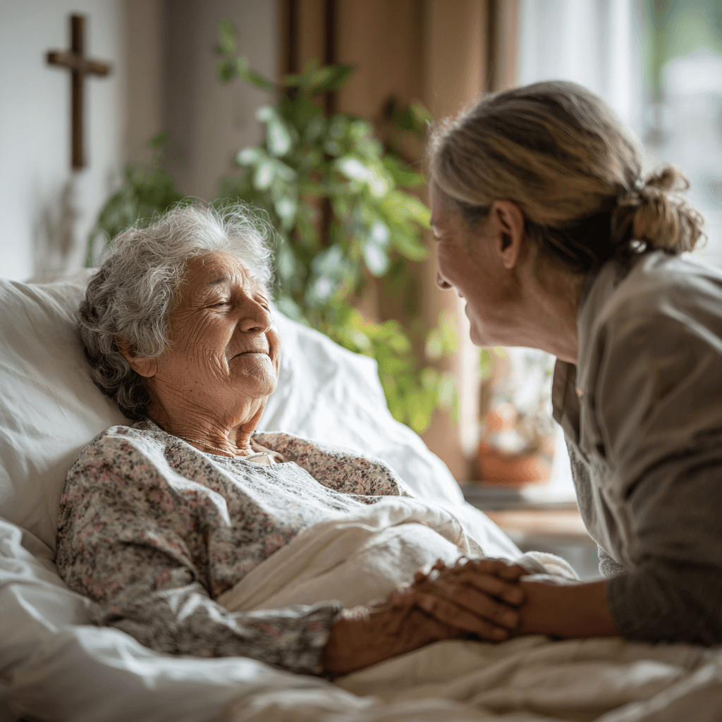 Ältere Dame im Sterbebett. Wird begleitet von Pflergerin, die ihre Hand hält.
