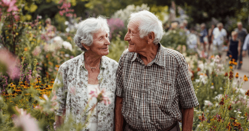Zwei ältere Menschen schauen sich verliebt in die Augen. Sie befinden sich in einem grünen, blumigen Garten.
