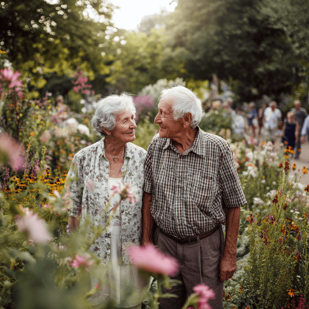 Zwei ältere Menschen schauen sich verliebt in die Augen. Sie befinden sich in einem grünen, blumigen Garten.
