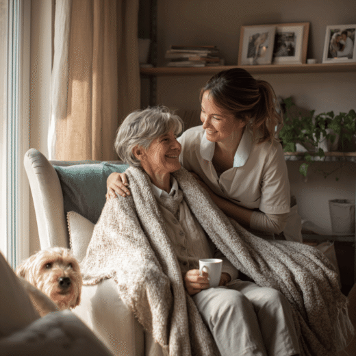 Ältere Frau sitzt im Wohnzimmer am Fenster, während eine Live-in-Betreuungskraft ihr eine Decke zurechtrückt und eine Tasse Tee reicht – würdige 24-Stunden-Pflege zu Hause.