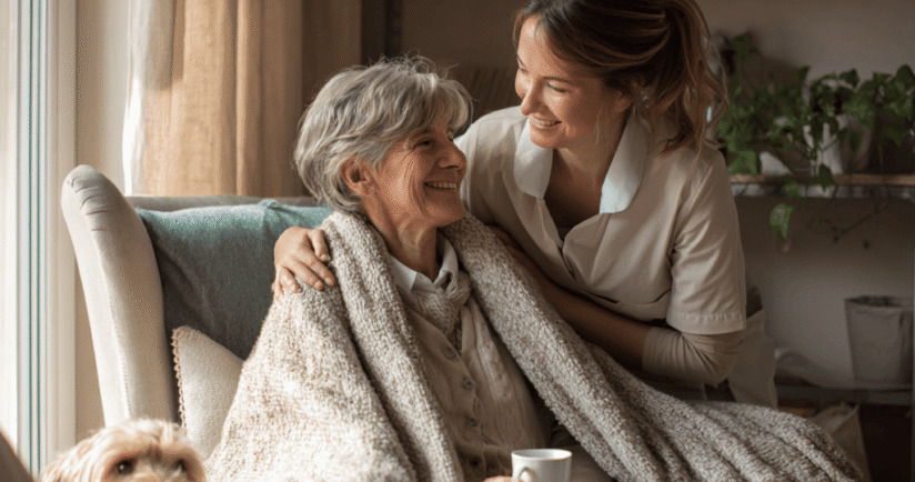 Ältere Frau sitzt im Wohnzimmer am Fenster, während eine Live-in-Betreuungskraft ihr eine Decke zurechtrückt und eine Tasse Tee reicht – würdige 24-Stunden-Pflege zu Hause.