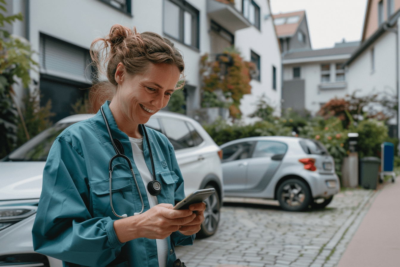 Pflegerin steht vor dem Haus eines Patienten und plant die weitere Route.
