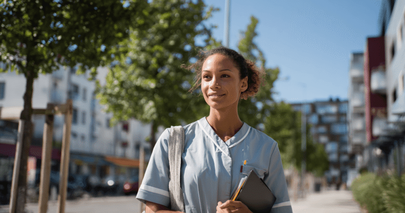 Ambulante Pflegerin ist draußen unterwegs,