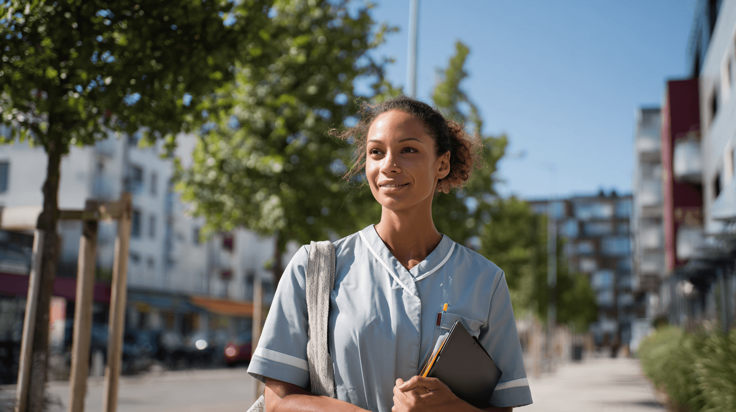 Ambulante Pflegerin ist draußen unterwegs,