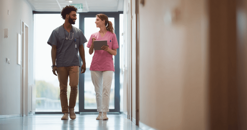 Zwei Pflegekräfte gehen den Flur entlang und halten eine Kladde in der Hand. Symbol für Dokumentation