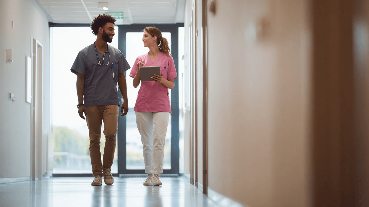 Zwei Pflegekräfte gehen den Flur entlang und halten eine Kladde in der Hand. Symbol für Dokumentation