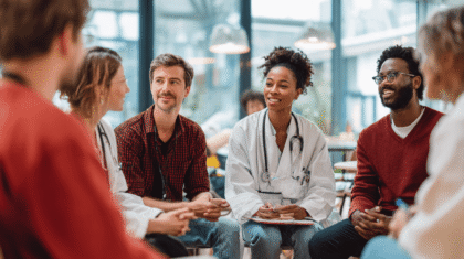 Pflegeteam spricht in Runde über Fälle