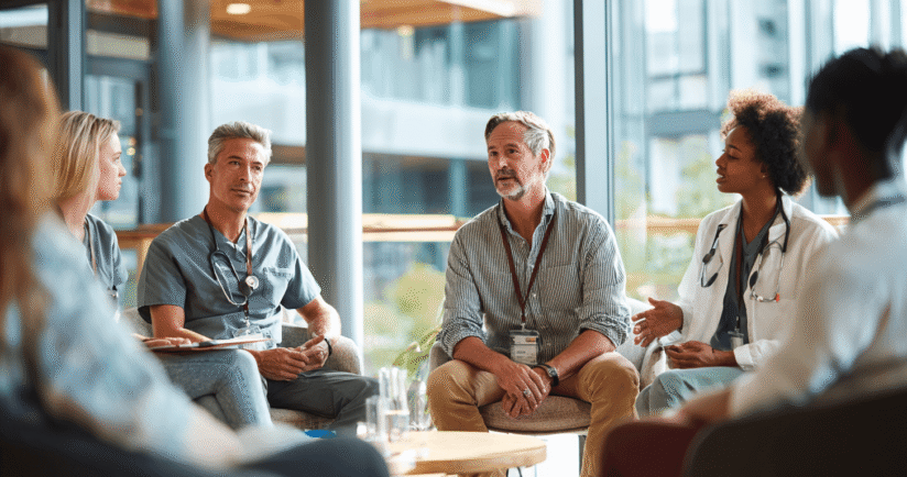 Marketing Mitarbeitende im Austausch mit Pflegepersonal für die PR-Strategie.