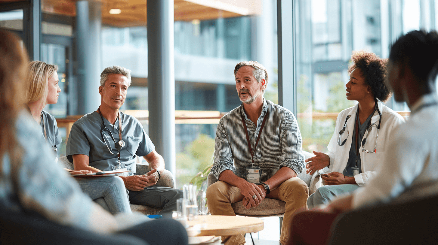 Marketing Mitarbeitende im Austausch mit Pflegepersonal für die PR-Strategie.