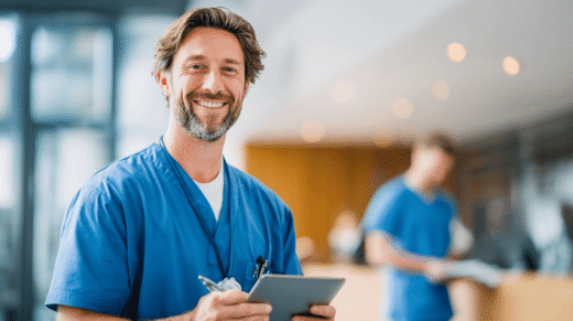 Lächelnde Fachkraft mit iPad in der Hand