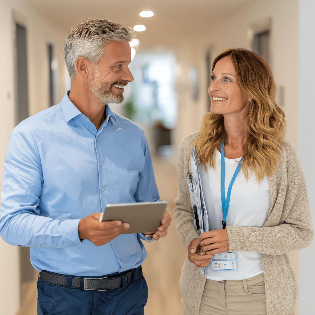 Ein Mentor hilft neuen Mitarbeitenden. Ei Mann und eine Frau gehen durch den Flut eine Altenpflegeeinrichtung.