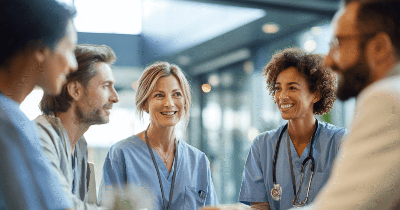 Team im Gespräch in blauen Kasacks