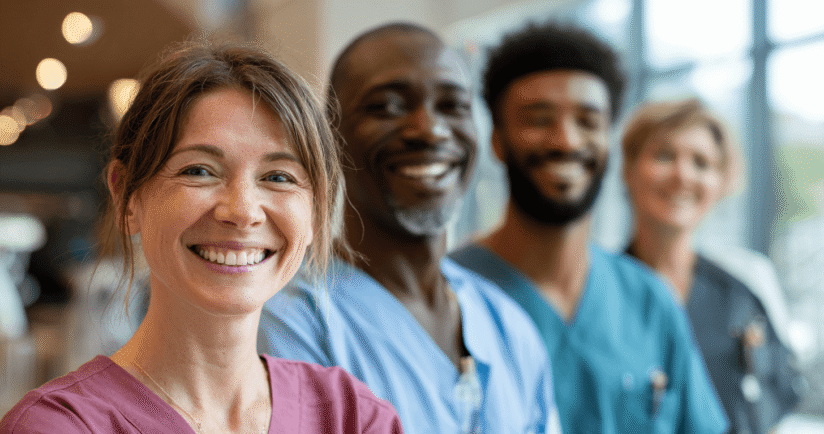 Pflegeteam steht in einer Reihe und schaut in die Kamera.