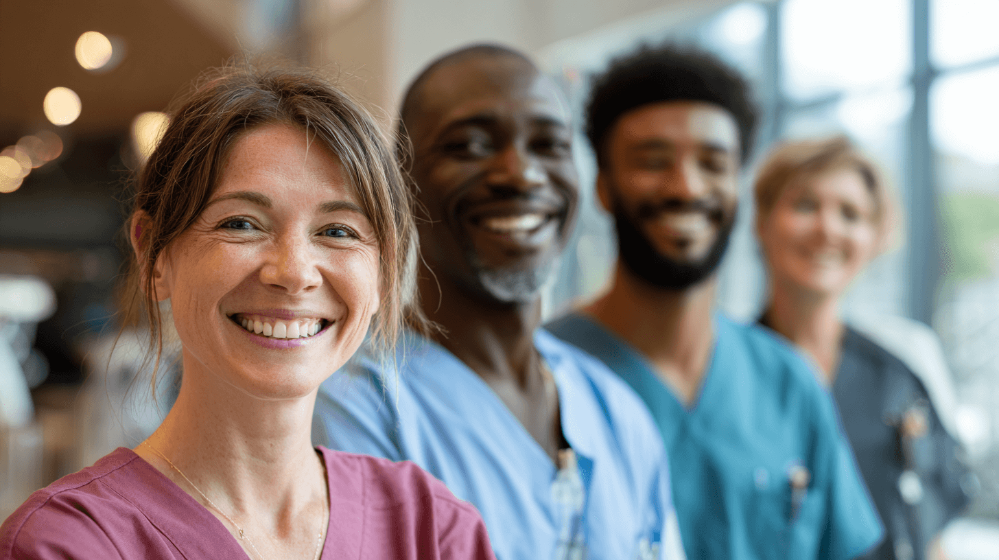 Pflegeteam steht in einer Reihe und schaut in die Kamera.