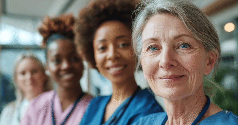 Gruppe von Pflegerinnen schauen selbstbewusst udn freundlich in die Kamera.