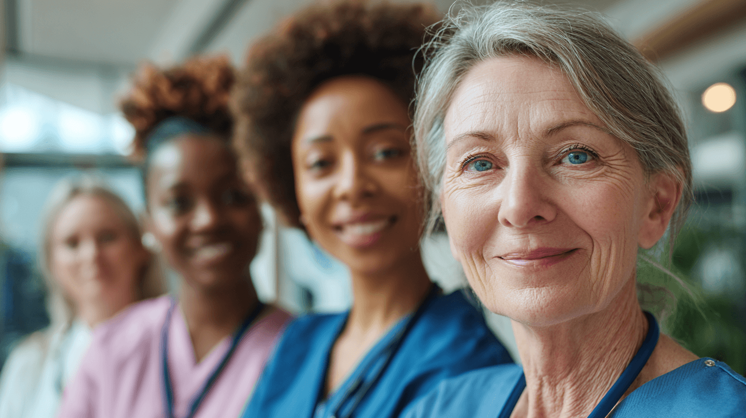 Gruppe von Pflegerinnen schauen selbstbewusst udn freundlich in die Kamera.