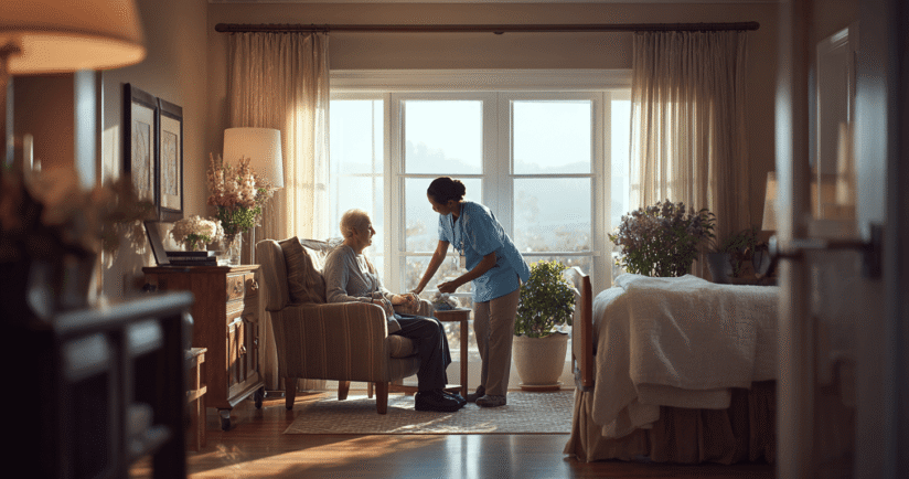 Pflegerin bei Patient zuhause.