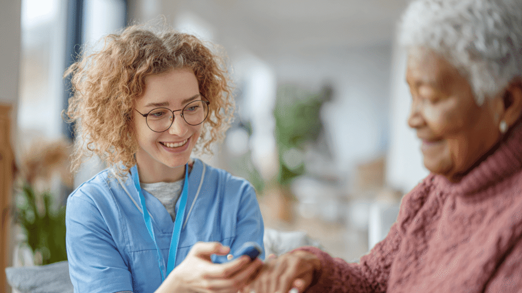 Blutzuckermessung bei seniorin durch junge pflegeperson mit locken