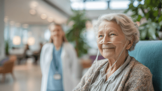 Seniorin mit Lungenfibrose. Im Hintergrund ist eine Pflegemitarbeiterin zu sehen.