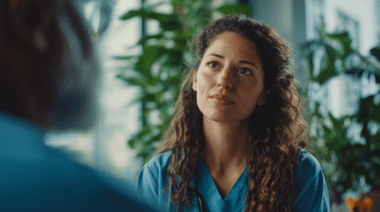 Frau mit langen brauen Locken, schaut traurig, aber gefasst auf ihren Gesprächspartner. Symbol für Abmahnungsgespräch