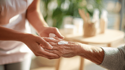 aelterer dame wird die haende eingecremt