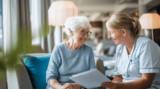 Eine PDL berät eine seniore Dame zur Kurzzeitpflege auf einem Sofa.