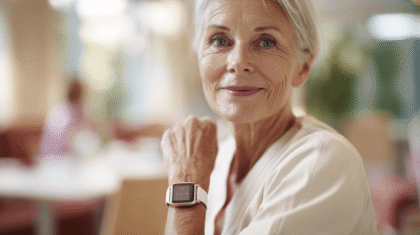 Dame mit weißen Haaren und heller Kleidung schaut in die Kamera. Sie trägt eine Armbanduhr.