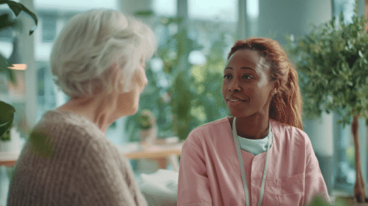 Einfuehlsam Kommunikation einer Altenpflegerin mit Seniorin