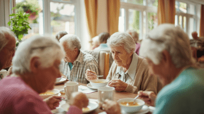 Gruppe von Seniorinnen und Senioren im Gruppenraum essen Suppe. Symbolbild für Enährung in der Altenpflege.