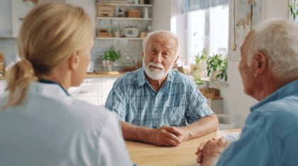 gleichgeschlechtliches seniores paar in kueche mit pflegerin