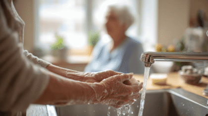 Plflegeperson wäscht sich die Hände am Waschbecken. Im Hintergrund sieht man verschwommen die seniore Person. Symbolbild für Hygiene im ambulanten Pflegedienst