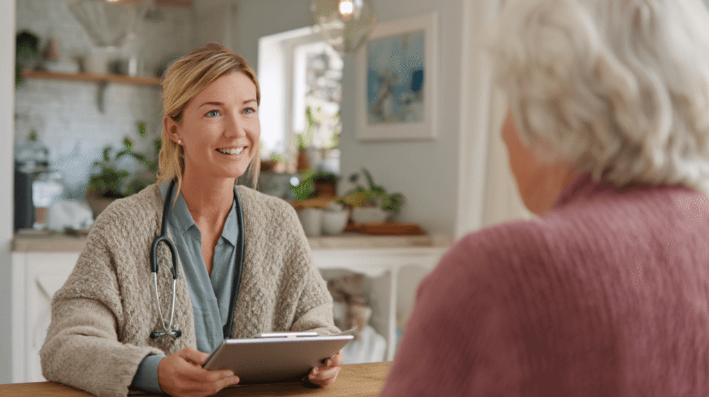 md-Begutachtung zuhause_blonde pflegeperson mit Stethoskop um den Hals