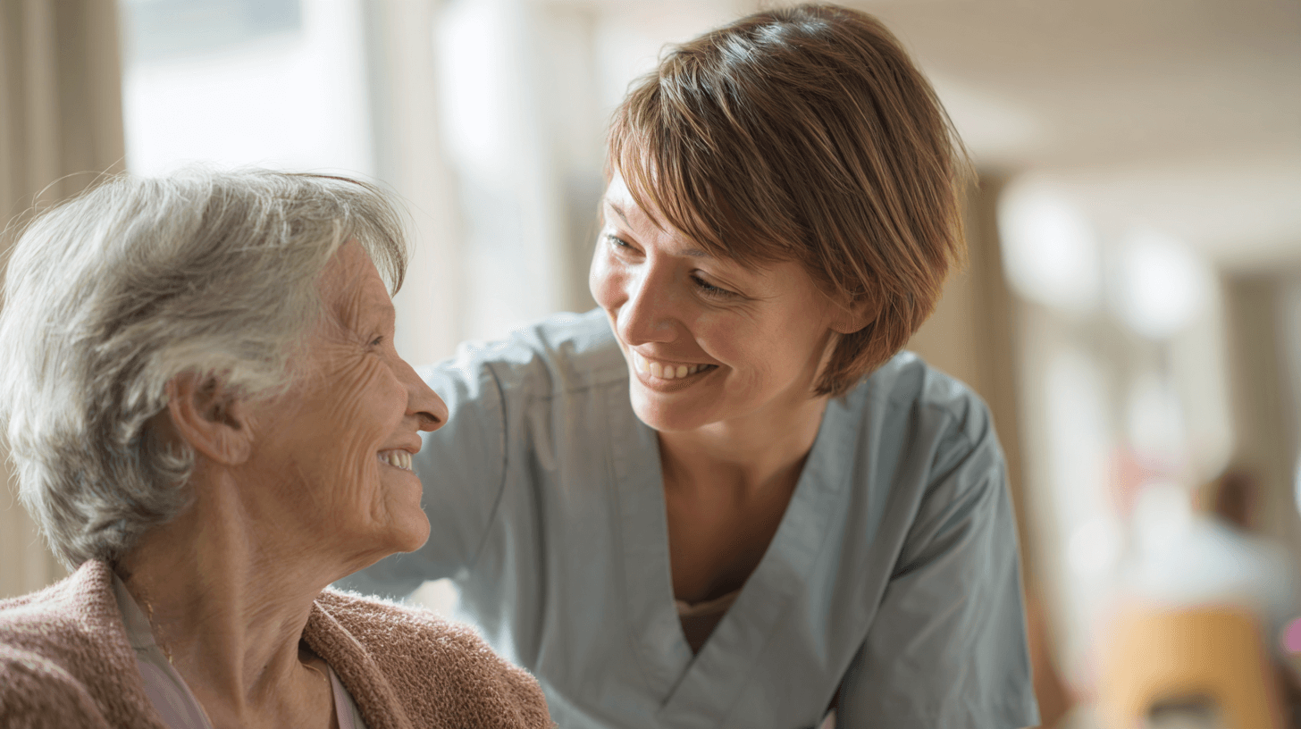 Osteuropäische Pflegerin mit Patientin